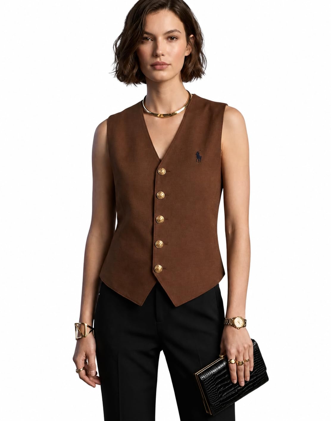 Women's Solid Sleeveless Waistcoat Top | V-Neck Button Front Tailored Vest | V-Neck, Gold Button Front, Tailored Fit, Smart Casual Wear, Western Style-image-25