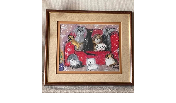 絵画。原画手描き【雪が降る冬、かわいい犬と猫の楽しい写真記念】