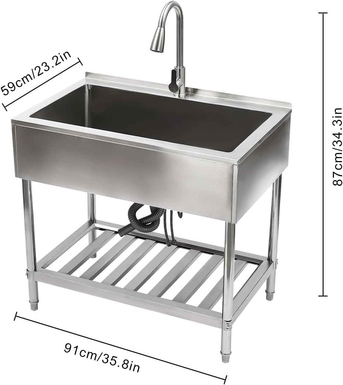 Stainless Steel Sink, 35.8 * 23.2 * 34.3in Kitchen Single Bowl Sink Freestanding Kitchen Utility Sinks Large Capacity Deep Basin Kitchens Flume with Elevated Bottom for Washing Utensils Ingredients