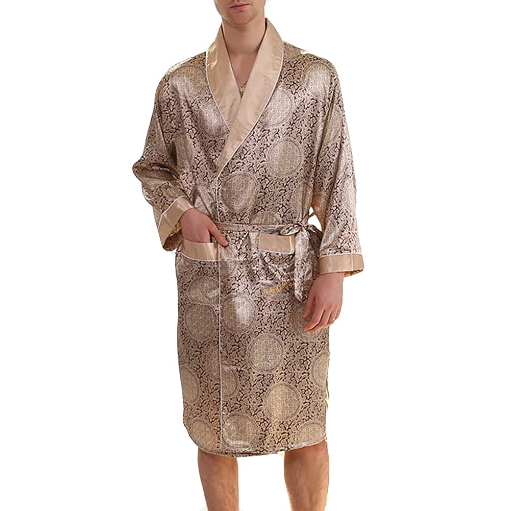 YOUCAI Kimono Japones Hombre Traje de Dos Piezas Albornoz Bata de Satén Yukata Vestido de Los Estilo Largo de la Luz Pijama Tiene Cinturón y Bolsillos