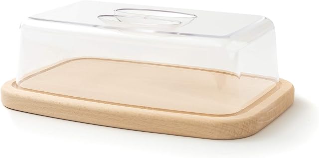 tuuli Kitchen Rectangular Cheese Cake Dome Cover Wooden Chopping Board with Lid Cold Cuts Bread Container (28x18x9 cm)
