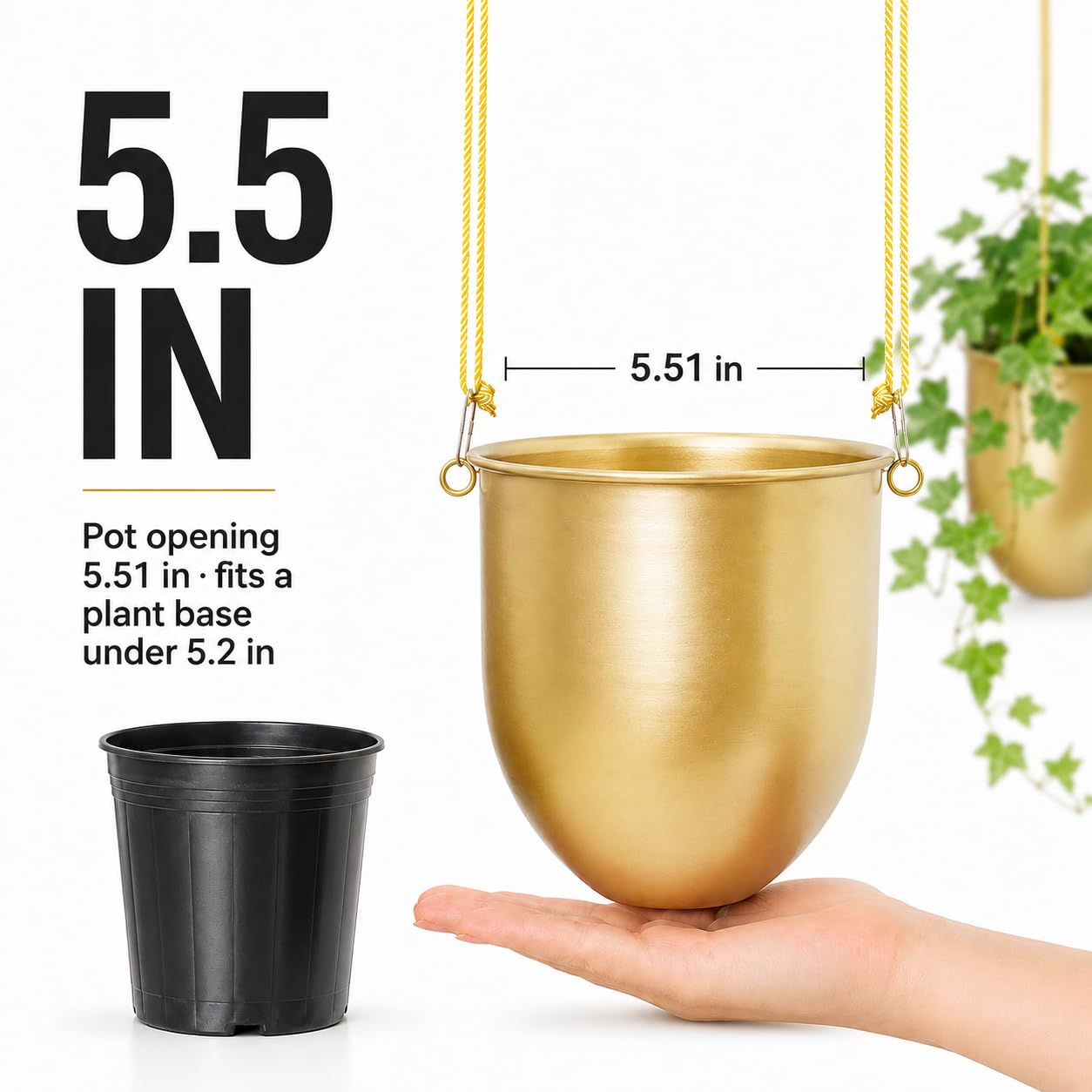 AceList Lot de 2 pots de fleurs suspendus dorés à suspendre de 14 cm pour plantes d'intérieur, maison, balcon, jardin et terrasse – Jardinières à suspendre avec corde de chanvre