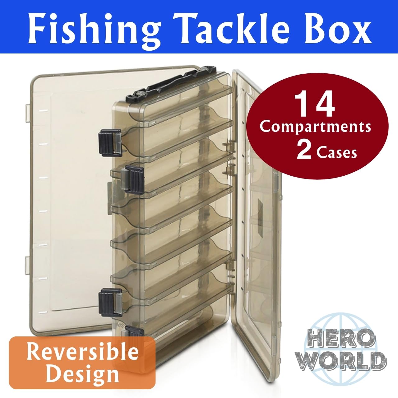 Juego de caja de aparejos de pesca, paquete de 2 organizadores de señuelos reversibles de doble cara (negro, 14 ranuras x 2)