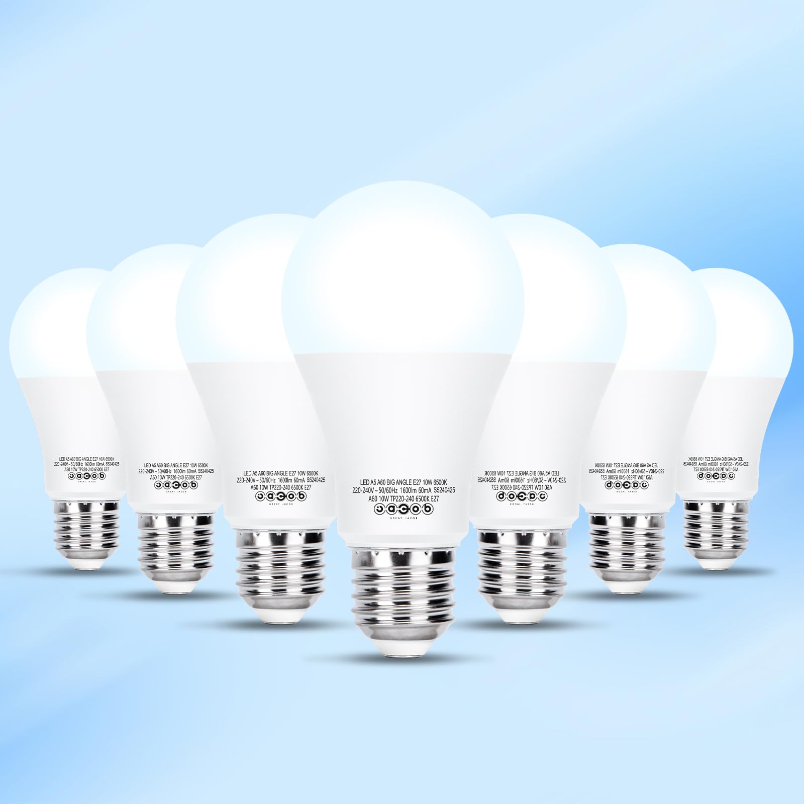 Great Jacob Lampadine LED A60 E27 10W=104W,Luce Fredda 6500K,1600 lumen,A60 LED Lampadina Non dimmerabile,Pacco da 7 A60-10W-6500K