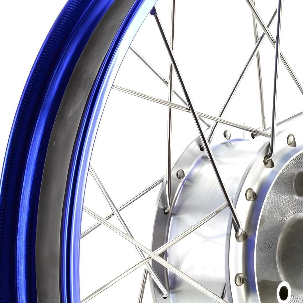 Speichenrad 1,5x16 Zoll Alufelge blau eloxiert + poliert + Edelstahlspeichen + Tuning-Radnabe