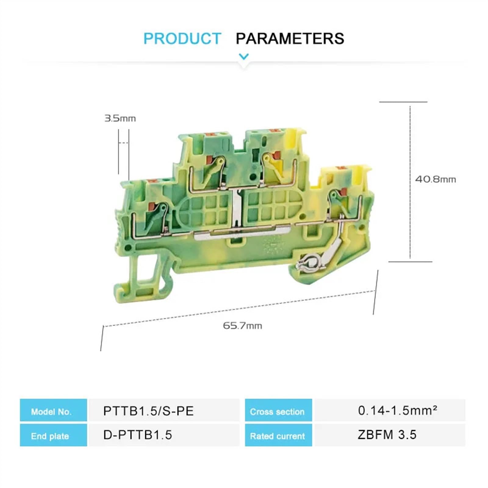 PTTB 1.5-PE Ground Double Level Terminal Block Din Rail Push-in Conductor PT 1.5mm² Wire Connector Electric PTTB1.5-PE(10 Pcs)