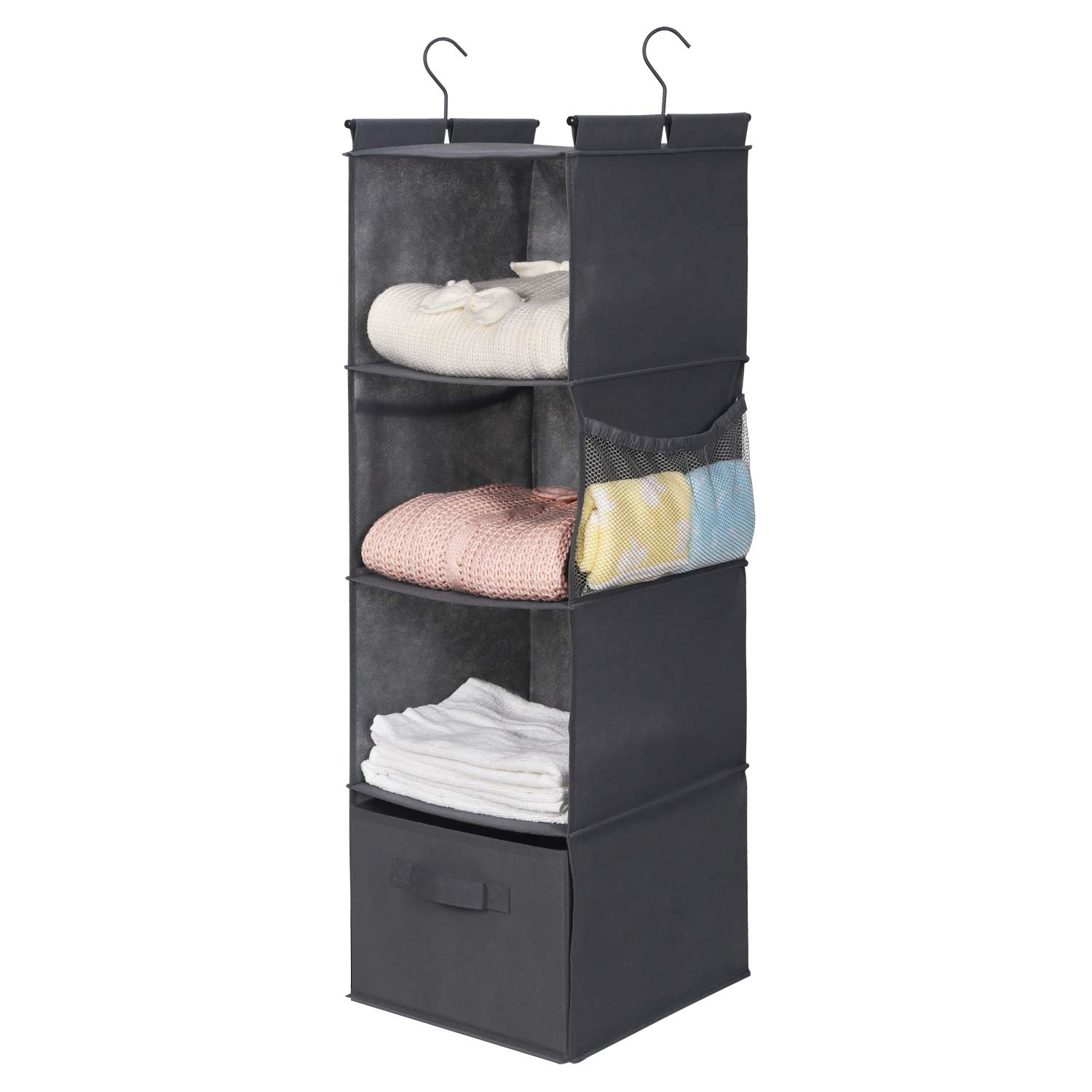 MAX Houser Organizador de armario colgante de 4 estantes, ahorro de espacio, estantes colgantes de tela con 2 bolsillos laterales, plegable (gris)