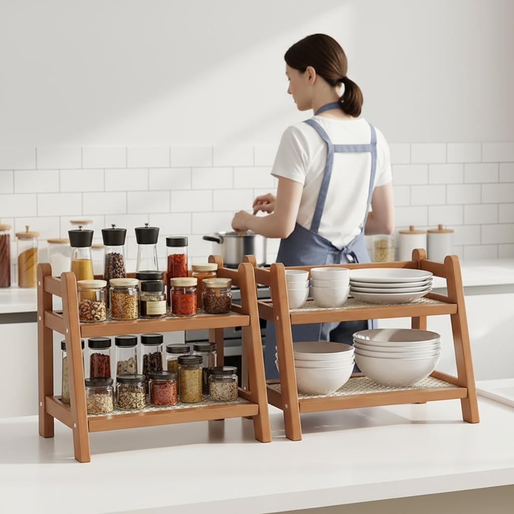2 Tier Wicker Look Matcha Station Shelf Coffee Bar Organizer Bamboo Coffee Station Organizer Kitchen Counter Shelf Cabinet Storage Shelf Mug Holder for Counter, Green