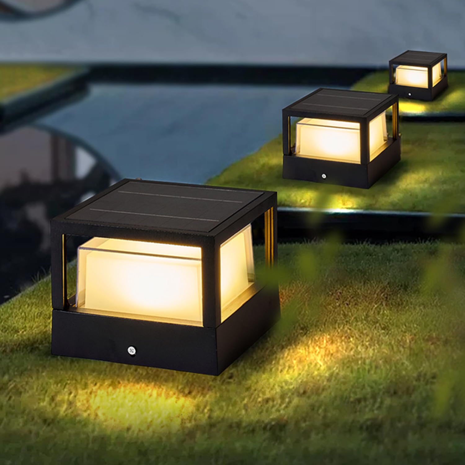 ACMHNC Farola Solar Exterior, LED Luz Solar Exterior jardin, Ip65 Lampara Sobremuro Exteriores de Aluminio, Blanco Cálido, Square, para Jardín Valla Patio, Negro