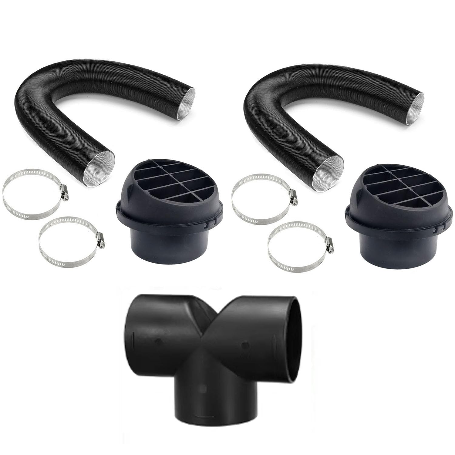 ANBOO 75mm Air Diesel Heater Set Diesel Heater Exhaust Pipe Heater Car Auto Pipe Ducting Y Branch Warm Air Outlet Vent Kit 2pcs 75mm Pipe + 4 Clips (T-Type)
