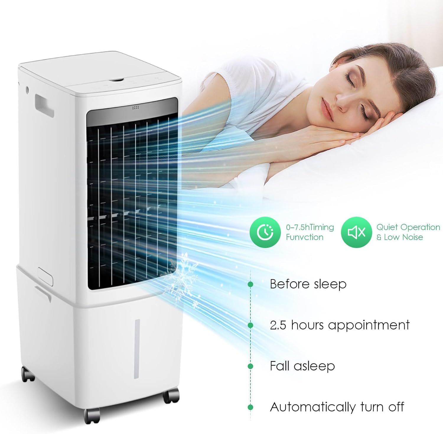 Klimaanlage Mobil 80W, 1-seitiger Klimaanlage Ohne Abluftschlauch, 3 Modi, 120° Oszillation, 7.5h Timer, Leise, Fernbedienbar, Verdunstungskühler für Zuhause Schlafzimmer