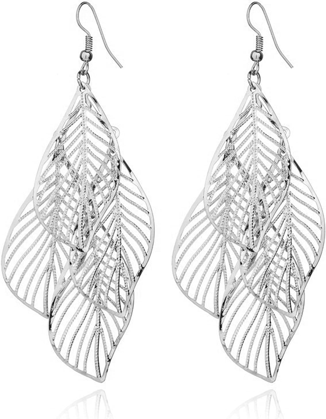 coadipress Bohemian Layered Filigree Leaf Earrings for Women Handmade Silver Gold Plated Big Boho Lightweight Chandelier Hollowed Out Leaves Dangle Drop Earrings
