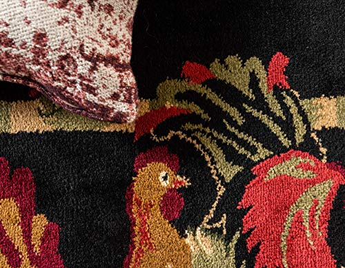 Image of Unique Loom Barnyard Collection French Country Cottage Roosters Black Round Rug (8' 0 x 8' 0)