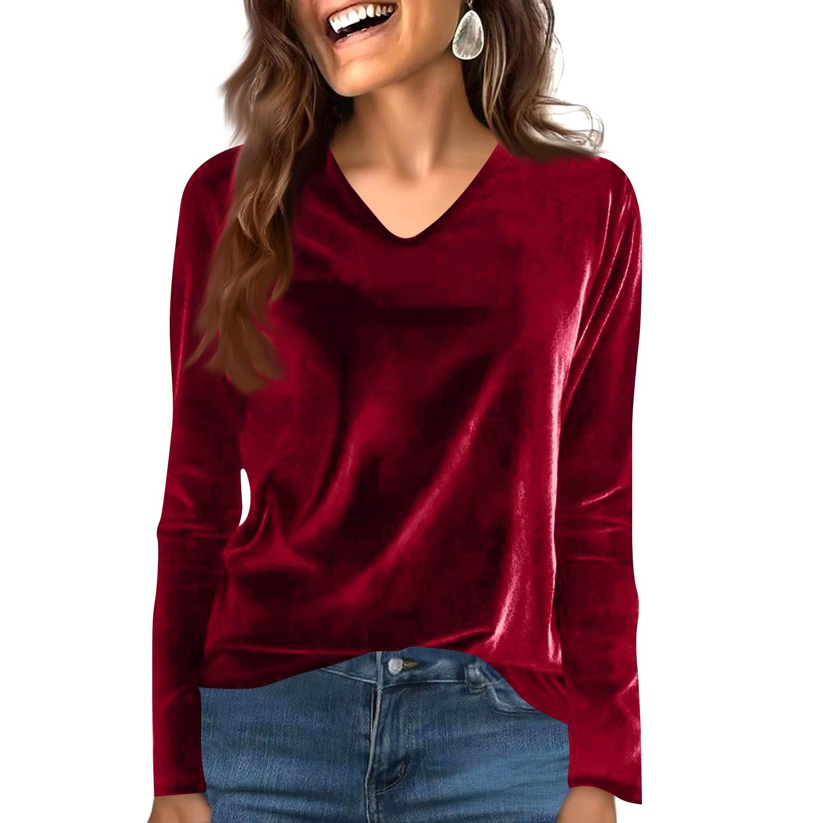 Womens Long Sleeve V Neck Velvet Top Relaxed Fit Pullover Blouse Soft Fabric Casual Style for Daily Wear