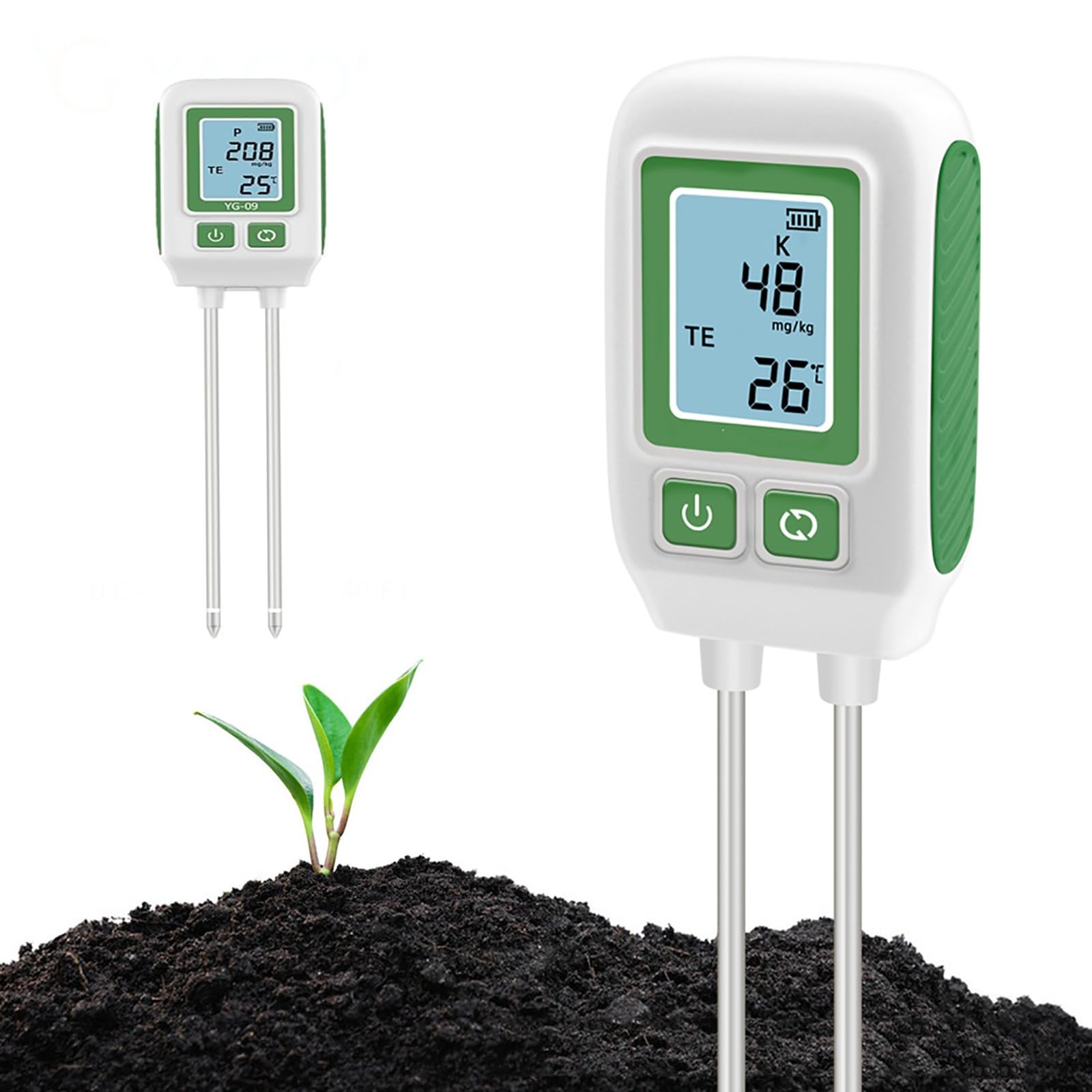 Medidor de suelo, sensor de temperatura digital NPK con LCD, rango NPK 0-1999 mg/kg, rango de temperatura de 0°C-60°C, apagado automático para pruebas de suelo
