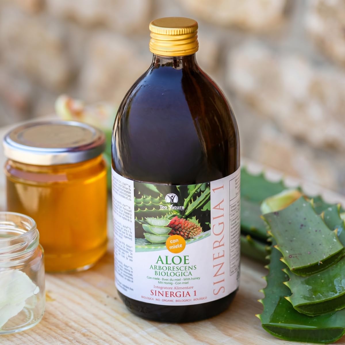 Teo Natura Synergie 1 – Trinkergänzungsmittel – klassisches Rezept von Padre Zago mit Aloe Arborescens, Honig und Bio-Alkohol, 500 ml, 1 Stück