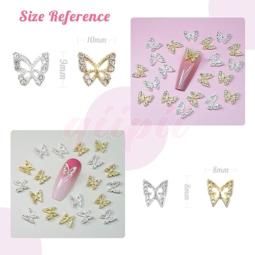 Miniatura 3 de Dijes de mariposa para uñas, 60 dijes de mariposa 3D de plata dorada para uñas acrílicas, 20 dijes de diamantes de imitación de mariposas + 40