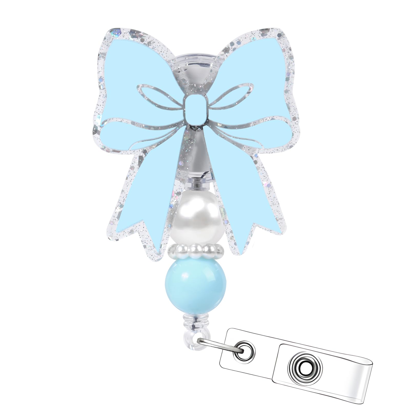 Cosmisun Bow Badge Reel Retractable - Cosmisun Nurse Badge Reels Coquete Ribbon Acrylic Glitter Badge Holder Cute Blue Bow ID Badge Holder Clip for