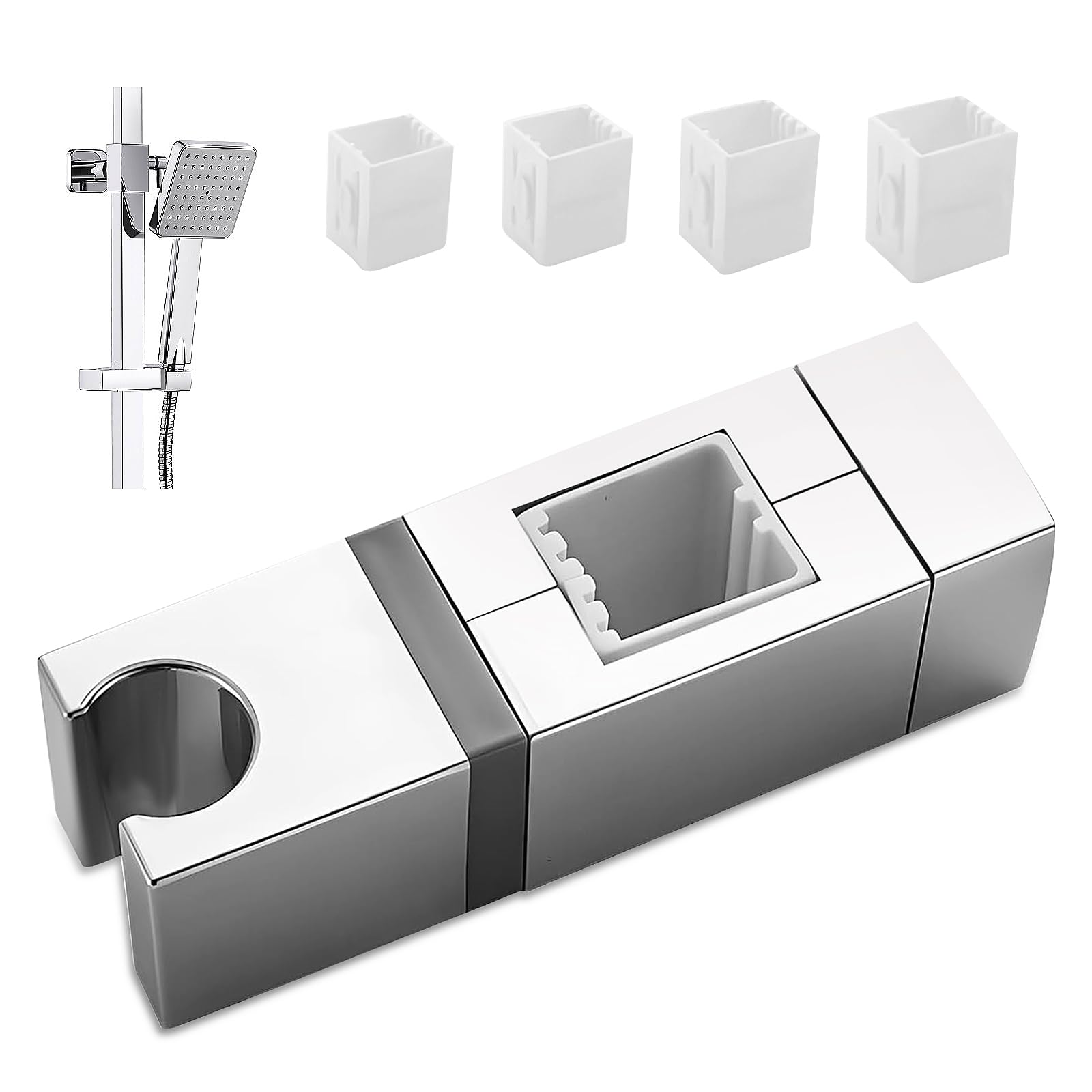 Scdzy Sliver Adjustable Shower Bracket, No Drilling Slip-On Design Shower Head Holders, 360° Angle Adjustment Holder Accessories Fits 4 Rail Sizes (18X30, 22X22, 25X25, 30X15mm)