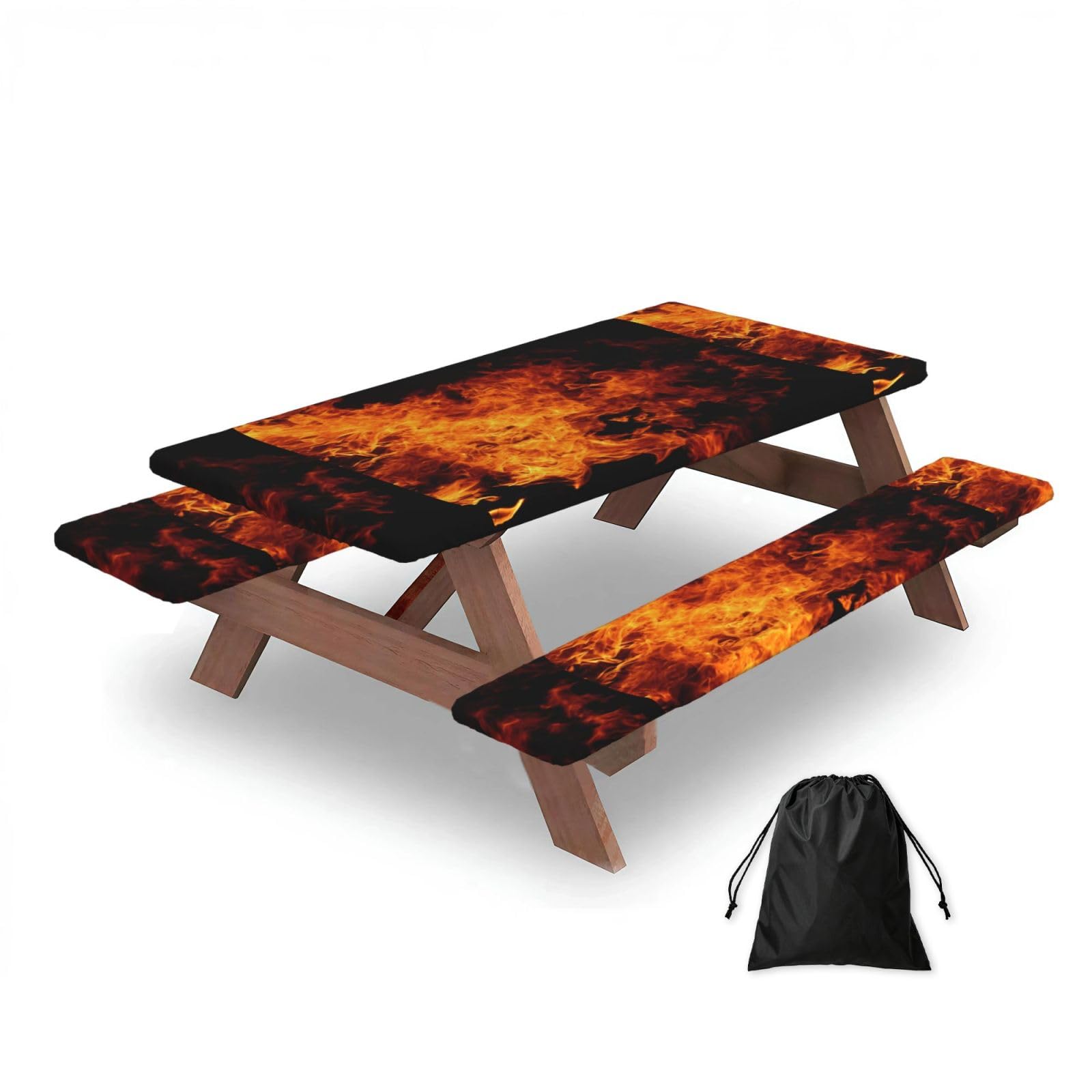 Dopklna As Picture Fire Burn Design Pattern, Picnic Table Cover With Bench Covers -Waterproof Elastic Fitted Tablecloth For Garden Camping Patio 76X152cm
