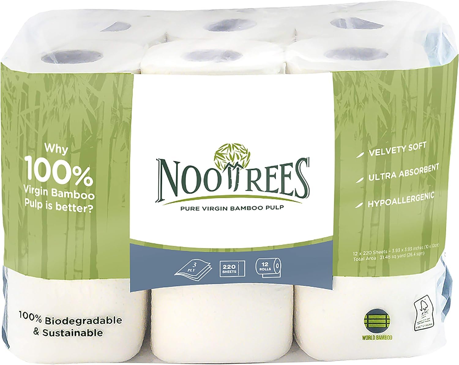 NooTrees Toilet Tissue, Tree Free, Biodegradable, Sustainable, Renewable and FSC Certified 3-ply Toilet Paper, 220 Sheets, 12 Rolls, Pack of 4 (48 Rolls).