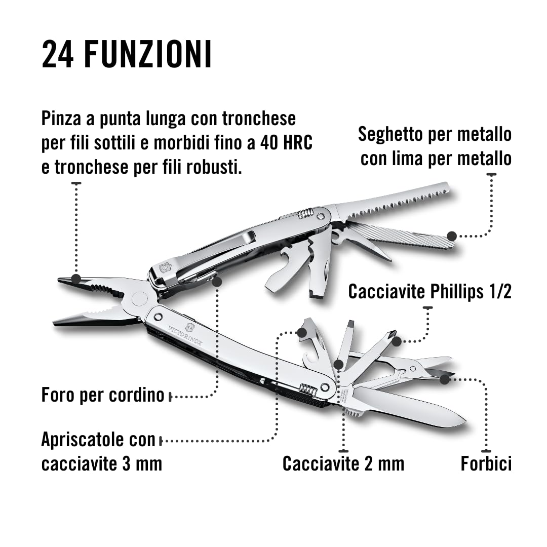 Victorinox Coltellino Svizzero Swiss Tool Spirit MX Clip, 24 Funzioni, Multi-strumento con Pinza, Cacciavite, Apriscatole, Argento