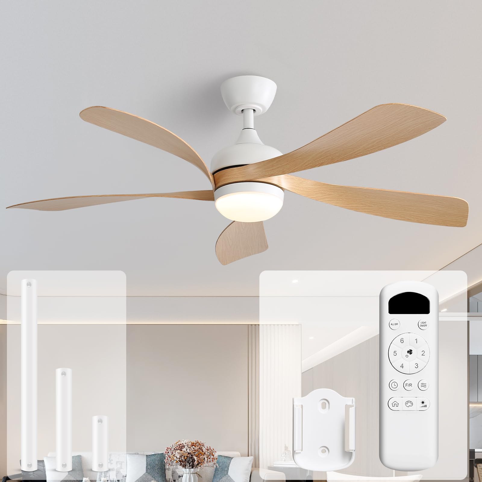 Sofucor Plafondventilator met Verlichting en Afstandsbediening, 6 Snelheden, 3 Kleurtemperaturen, Timer, DC motor, 132 cm Stille Plafondventilator met Licht voor Slaapkamer