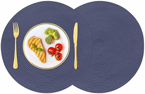 Miniatura 2 de Juego de 2 manteles individuales redondos de color azul sólido, lavables, tejidos, color azul oscuro, trenzados, resistentes al calor, para cocina,