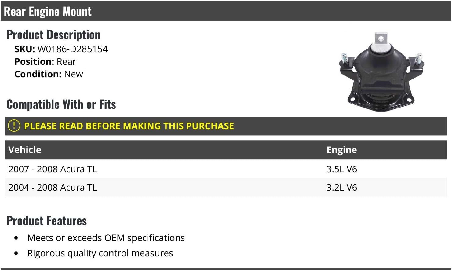 Rear Engine Mount - Compatible with 2004-2008 Acura TL 3.2L 3.5L V6