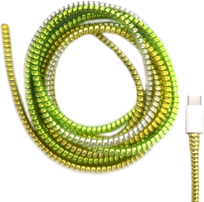 Image of Metallic Finish Cable Spiral Protector /Wire Repair /Pet Cord Protector /Headphone Saver, 1.5 Meters (2 Pcs), Cable Wrap /Cover for Mac Charging Cable, USB Tube, Earphone (Silver-Green-Yellow)