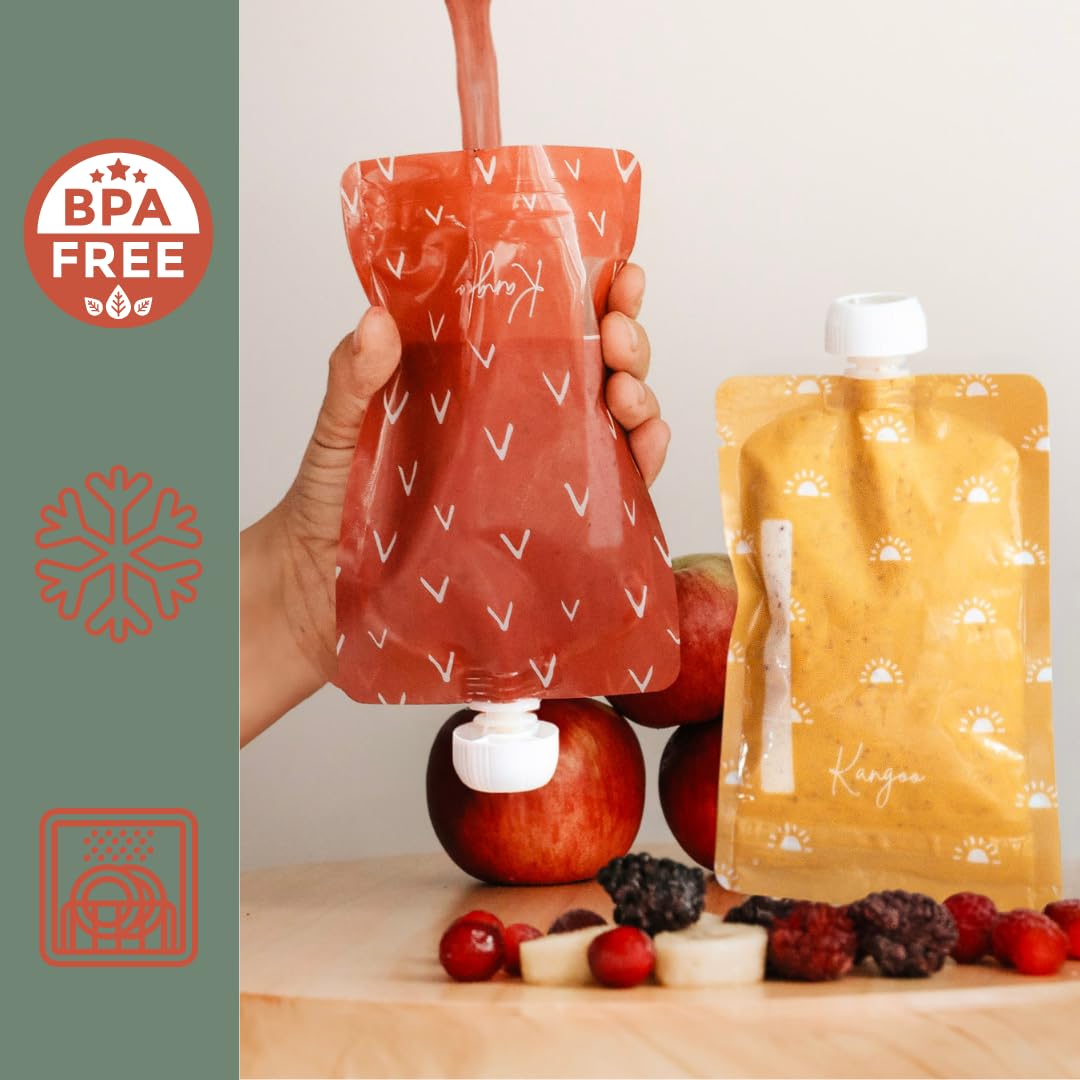 Reusable Baby Food Pouches - Storage Pouches for Toddlers & Kids - Applesauce, Smoothies, Yogurt, Puree Squeeze - BPA-Free Squeeze Pouch - Kangoo - 12 pack - Double Zipper | BOHO Designs