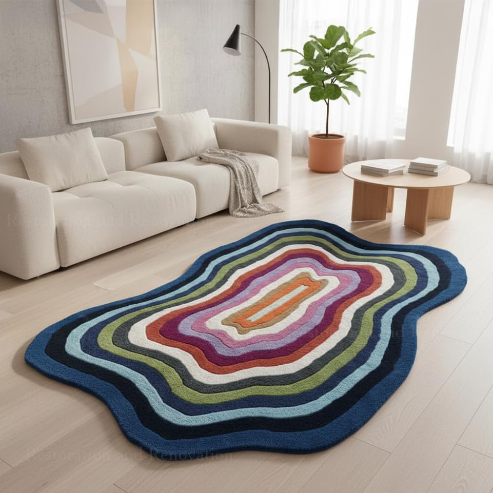 Restoration and Renovation Irregular Shaped Handmade Wool Rug | Modern Colourful Stripe Premium Area Rug Perfect for Home Decor (Blue Multi, 4' x 6')
