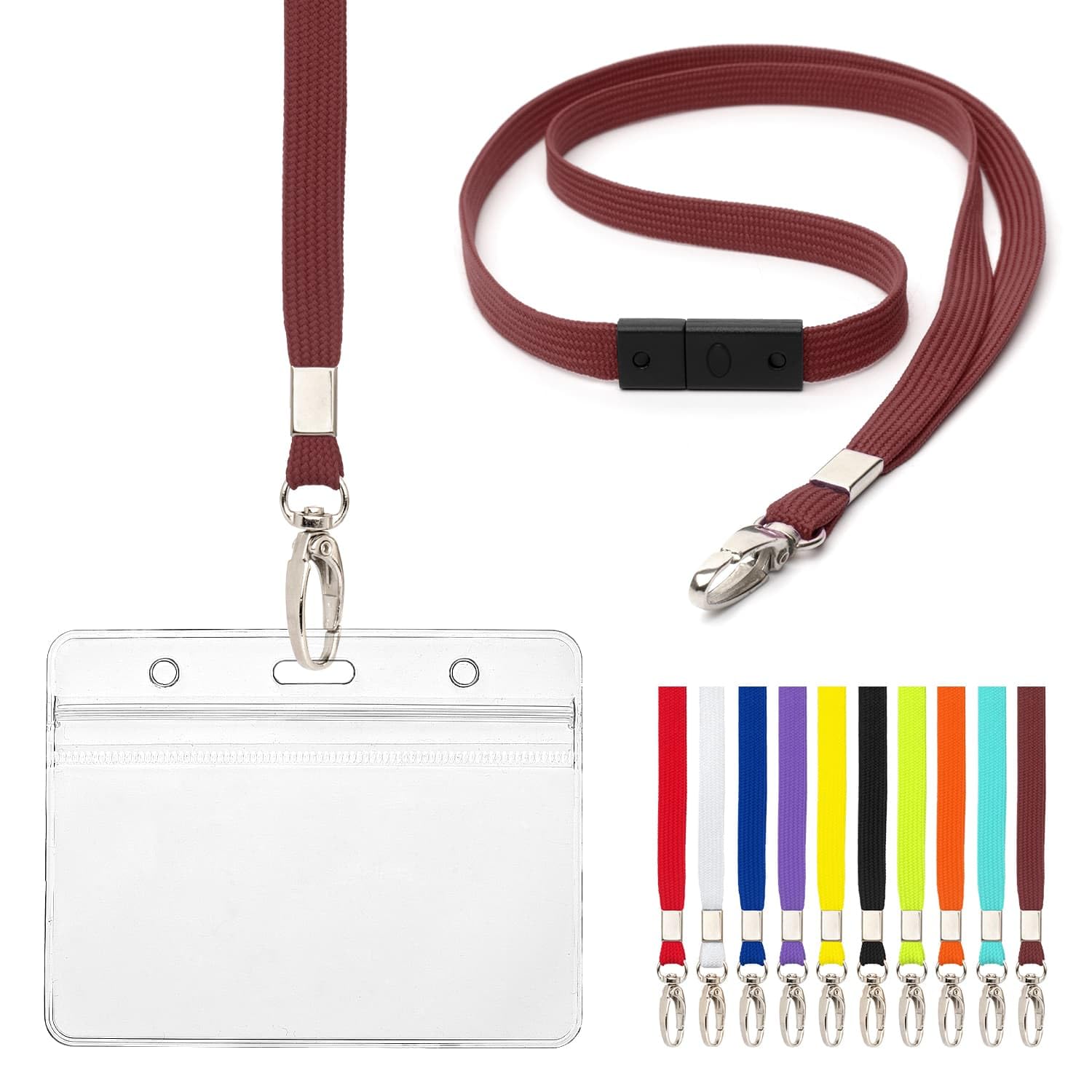 Lanyard with Card Holder 10 Pcs Breakaway Safety Neck Lanyards with Grip Seal Clear Waterproof Holders ID Name Tag Plastic Wallet Badges for Work ID Business Events Holds 9 x 6.8cm (Burgundy)