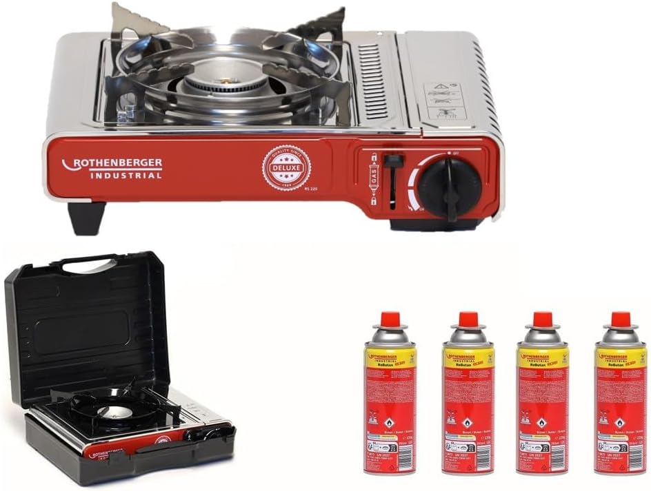 ROTHENBERGER Industrial Campingkocher Deluxe inkl. 4 Gaskartuschen | inkl. Tragekoffer | 1-flammig Gaskocher Camping Gas Kocher Kartusche | für Töpfe 12-34 cm