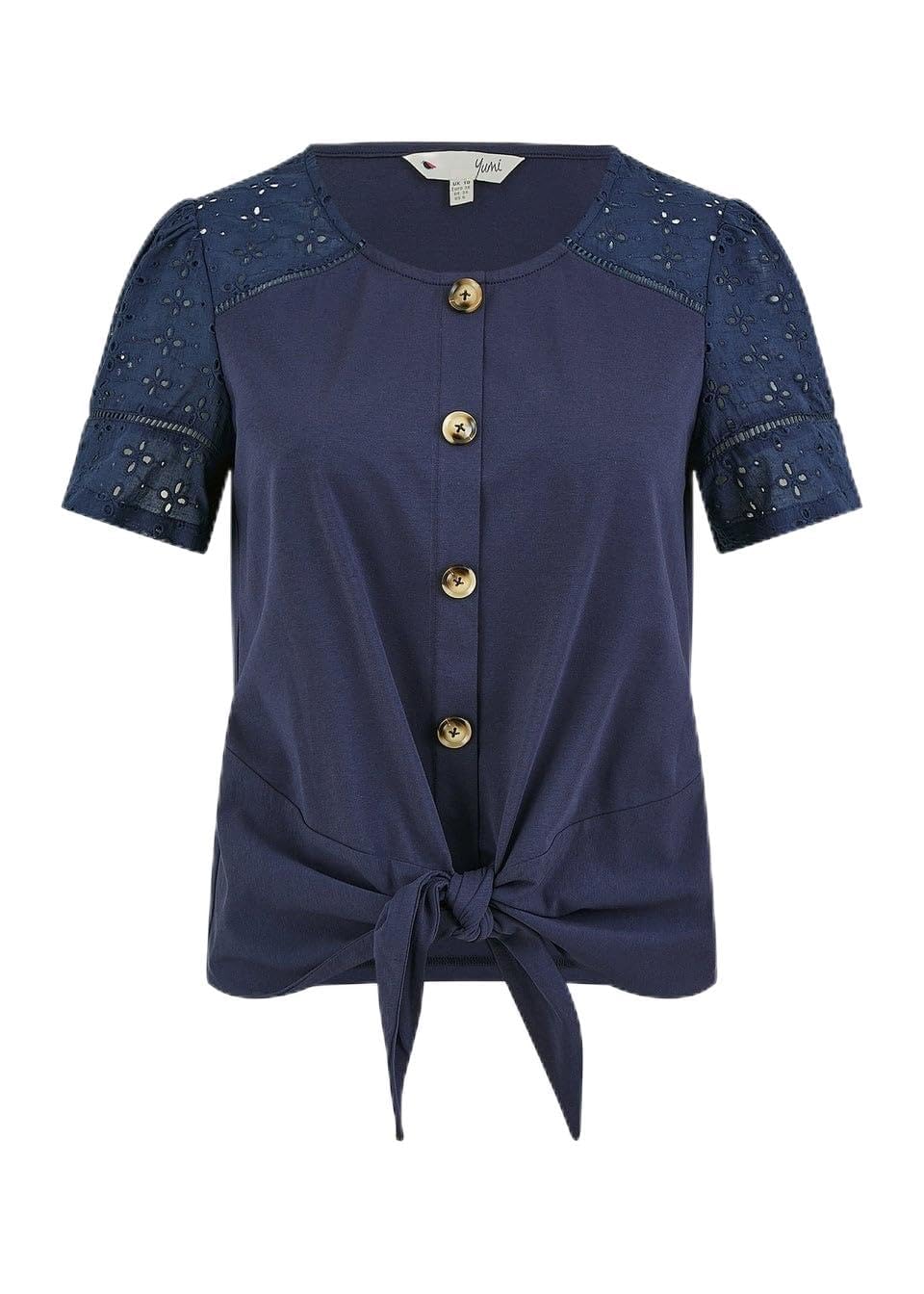 Yumi Women's Navy Jersey Button Detail T-Shirt | : Size 8