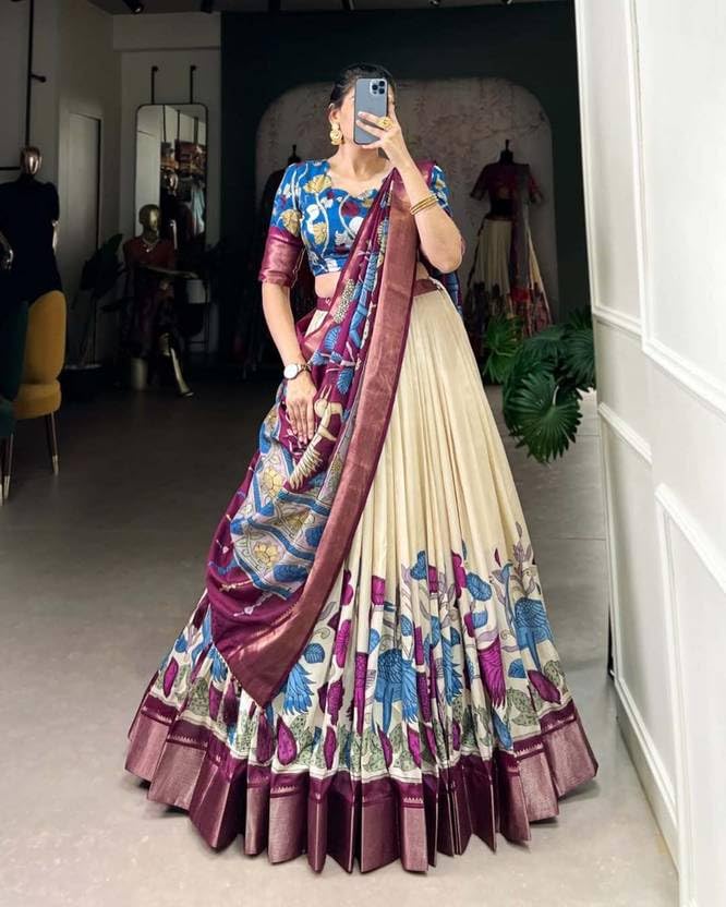 Image of Floral Printed Lehenga Choli with Pleated Skirt & Gotta Border Dupatta