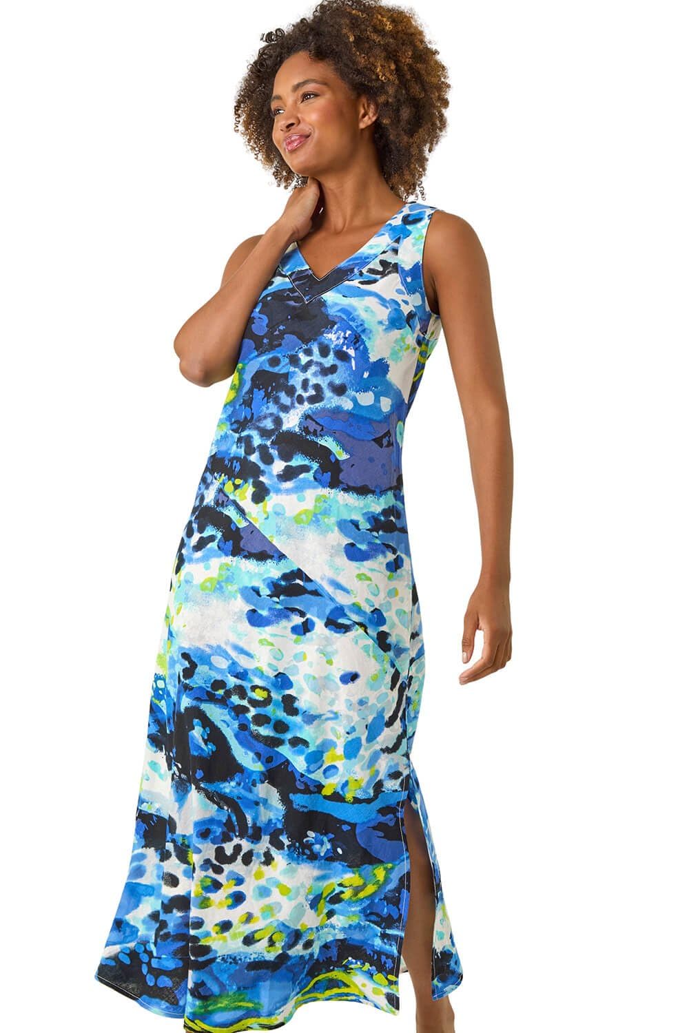 Roman Originals Bias Linen Mix Midi Dress for Women UK - Ladies Everyday Holiday Spring Summer V-Neckline Comfy Soft Evening Vacation Work Party - Blue - Size 18