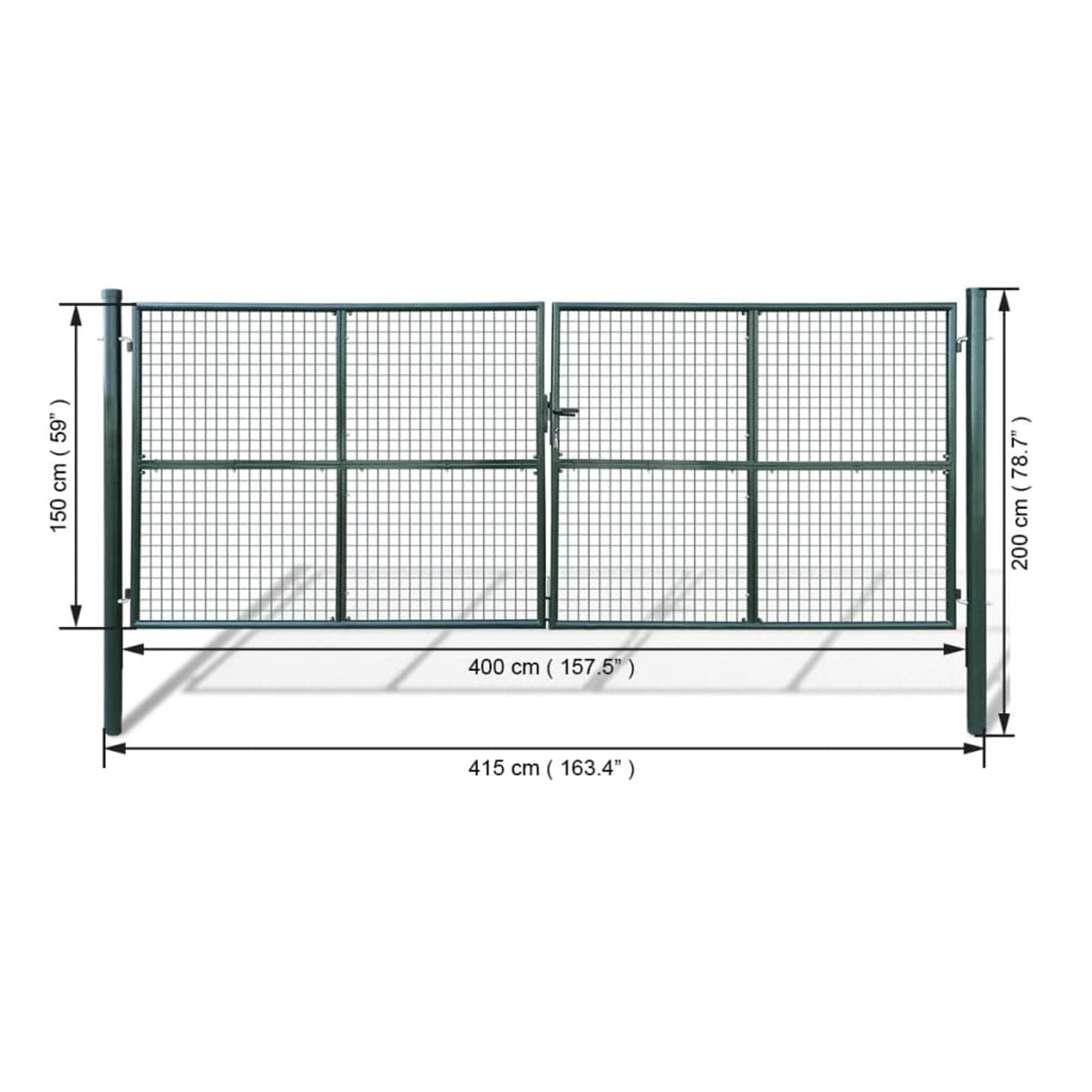 Cancello da giardino in rete 400 x 150 cm, robusto cancello in acciaio zincato con verniciatura a polvere, verde scuro, pronto per il montaggio, con cerniere, per esterni