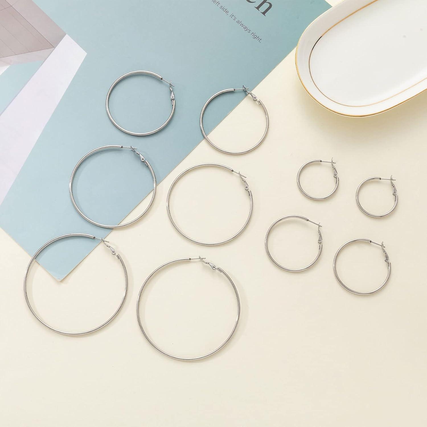 PABBEU Silver Hoop Earrings Large 316L Stainless Steel Earrings Lightweight Silver Earrings Hypoallergenic Big Thin Silver Earrings for Women s Boucle Doreille Femme 25/30/40/50/60/70mm - Image 6