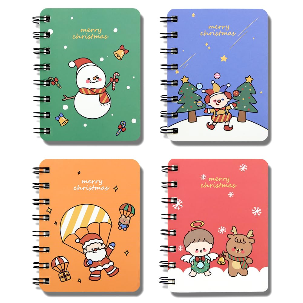 4 Pack Christmas Mini Spiral Notebook, Snowman Santa Claus Clown Elk Small Wirebound Pocket Journal Hardcover Note Books Blank Portable Notepad Diary