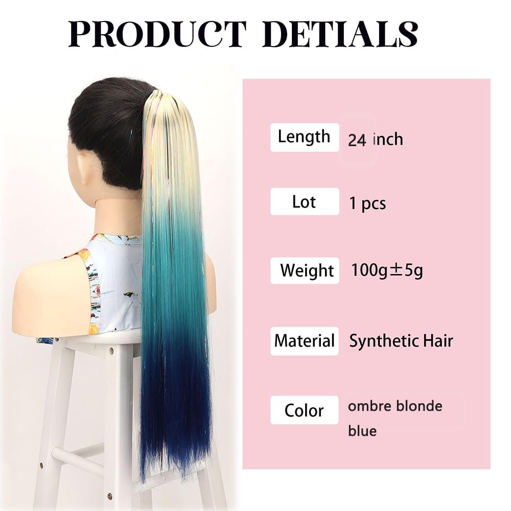 Coloured Ponytail hair Extension with Hair Tie Glitter Tinsel Hair Extension for braiding Natural Soft Pony tail Synthetic Hairpiece for Girl Women Cosplay party (blonde Lake Blue Blue) - Image 2
