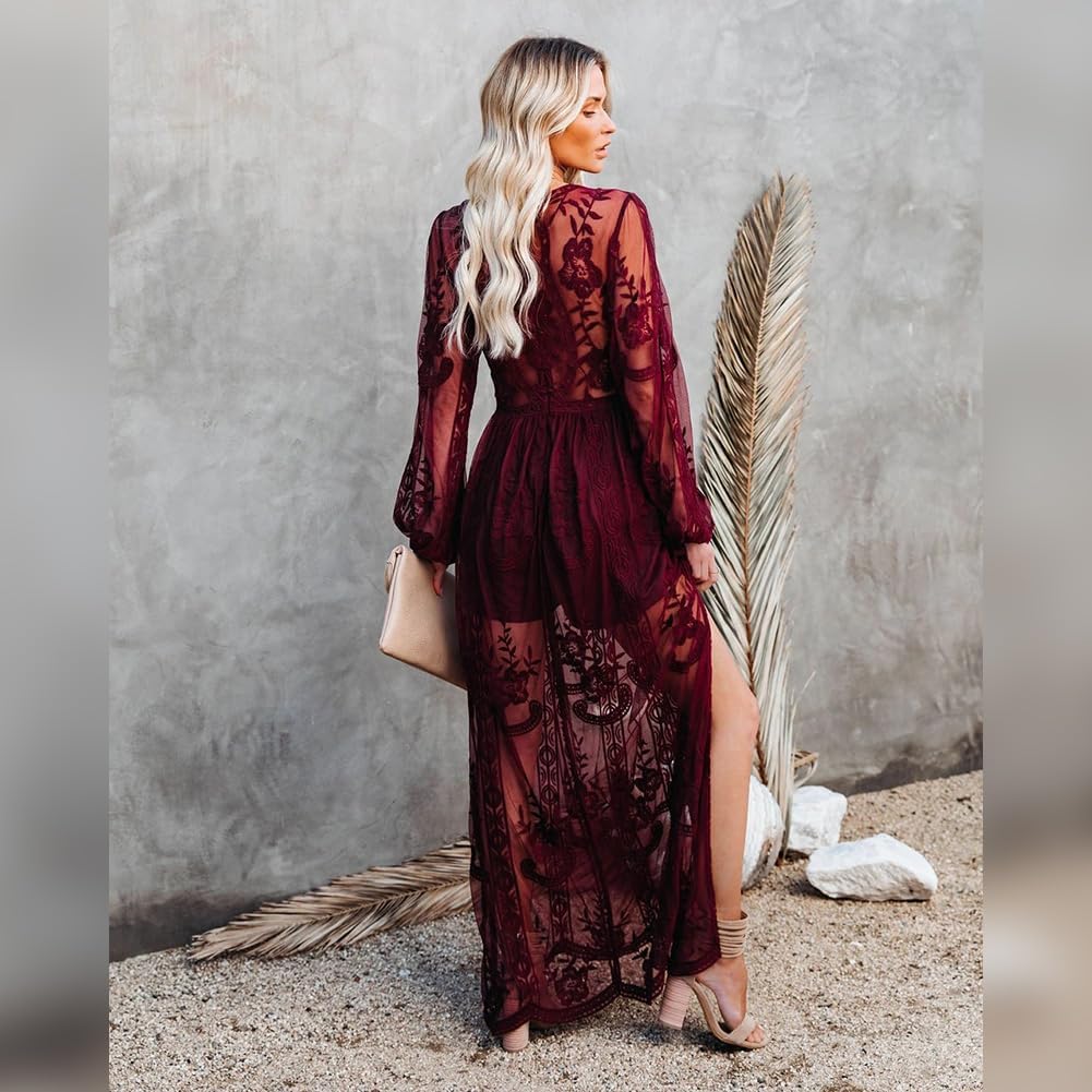 OBEEII Women's V Neck Short Sleeve Floral Lace Maxi Dress for Wedding Bridesmaid Engagement Photo Cocktail Party