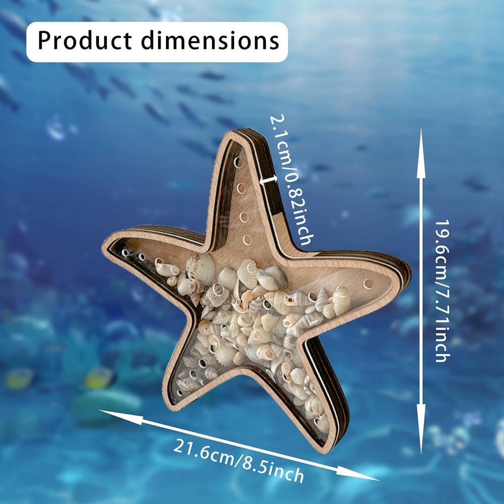 Sea Shell Display Box Wooden Starfish Holder with Acrylic Panel Storage Box for Mini Shells Sea Glass Small Starfish Shark Tooth Seashell Collection Box Home Decor Birthday Present