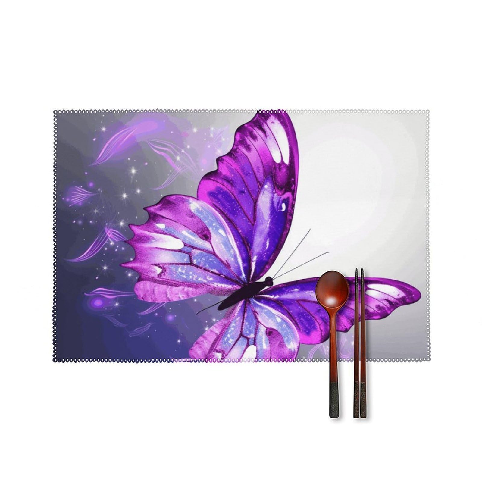 Purple Butterfly Placemats Set of 6, 12x18 Inch Heat Resistant Washable Canvas Table Mats, Stain Resistant Decorative Dining Placemats for Kitchen, Restaurant, Outdoor Party