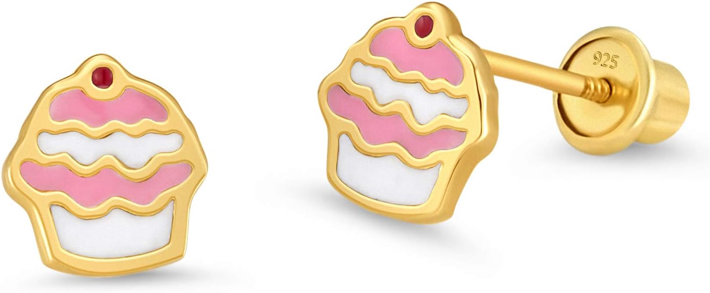 Lovearing14k Gold Plated Enamel Cupcake Baby Girls Screwback Earrings with Sterling Silver Post