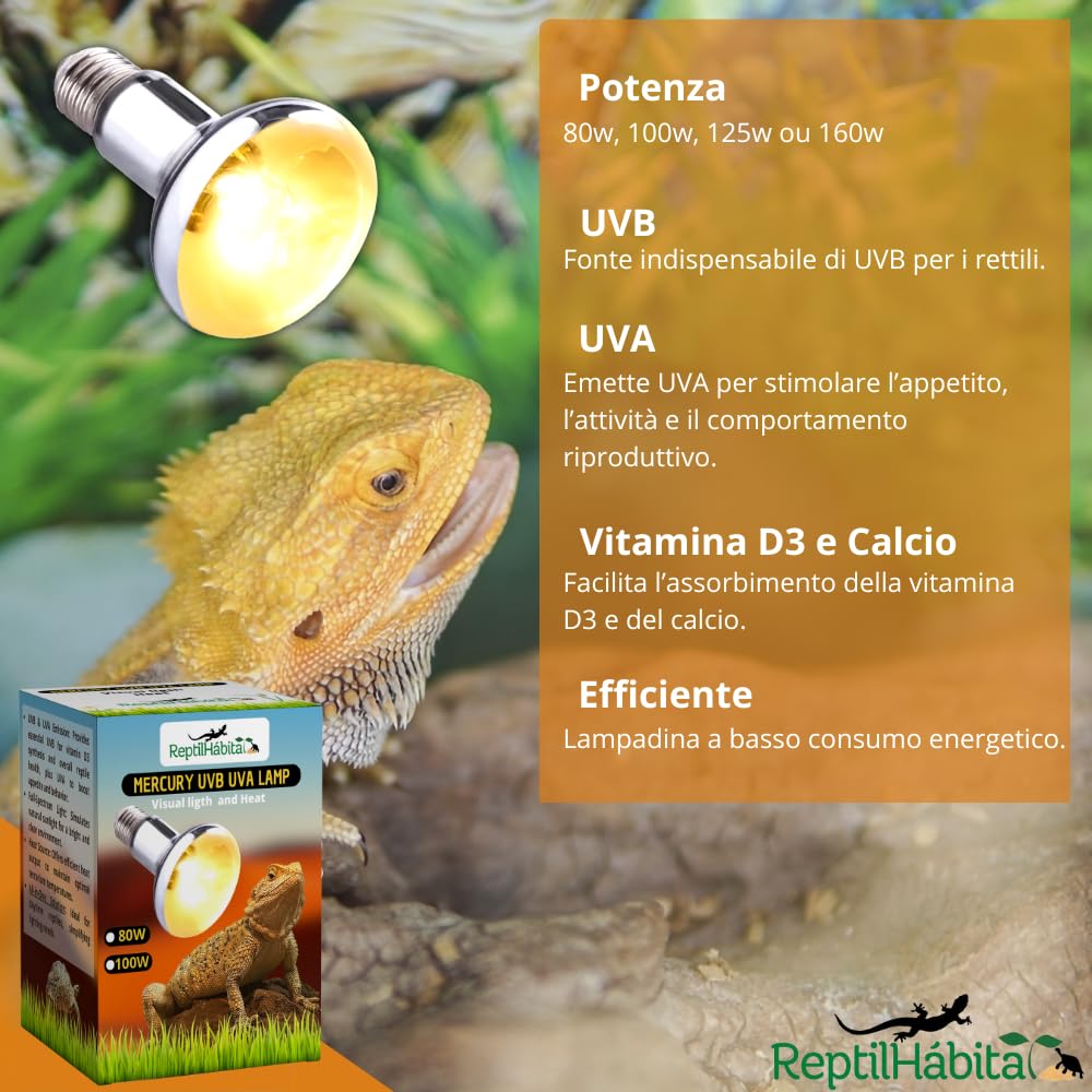 Bombilla UVB UVA con Calor para Reptiles 80W, 100W, 125W y 160W – Lámpara Vapor de Mercurio Todo en Uno para Terrarios – Luz Solar Artificial con Protección Térmica (125W)
