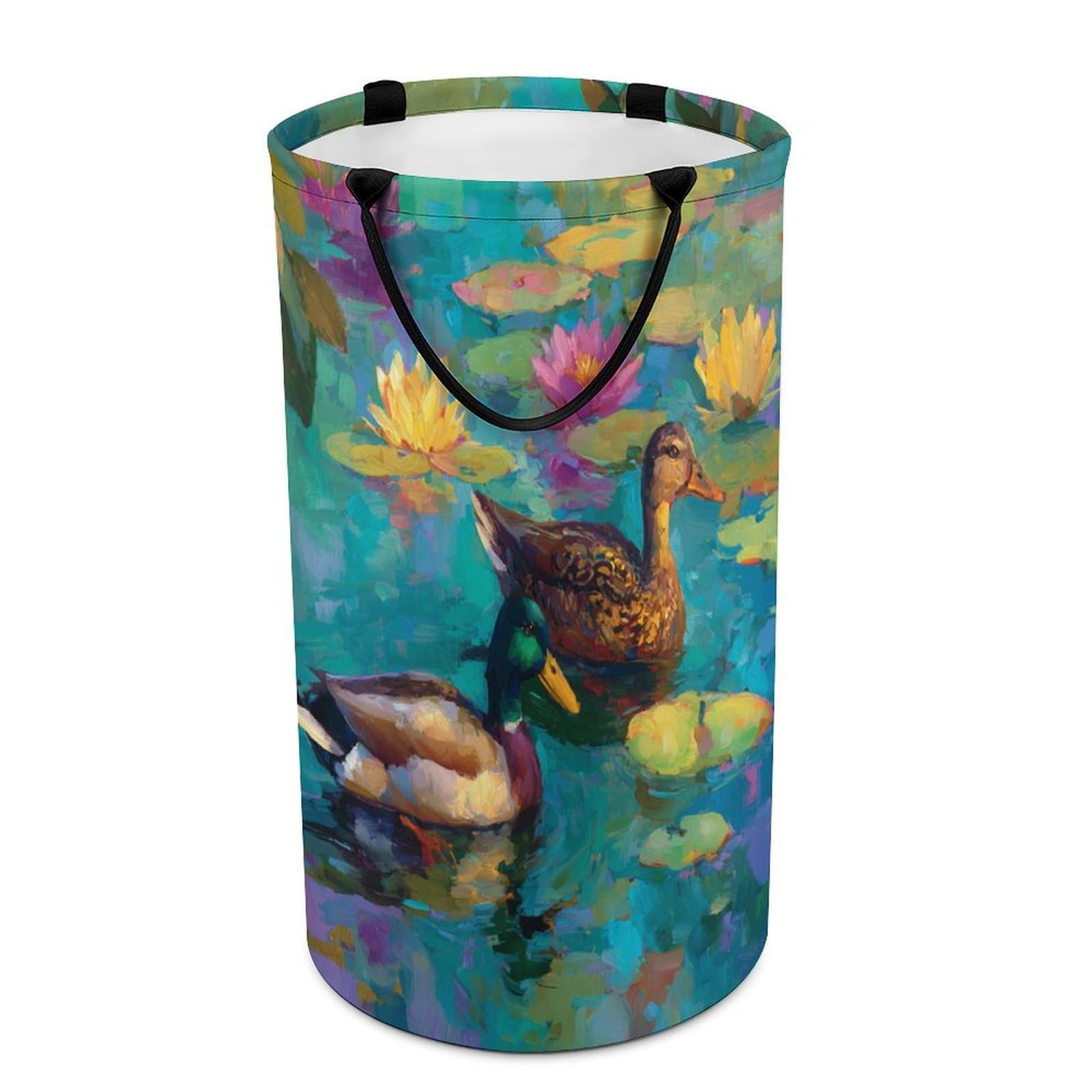 LUYYSKY Classic Abstract Animal Duck Collapsible Dirty Clothes Basket, Retro Oil Painting Plant Lotus Floral Wildlife Mallard Portable Clothes Storage Laundry Basket-40 CM Dia, 69 CM High