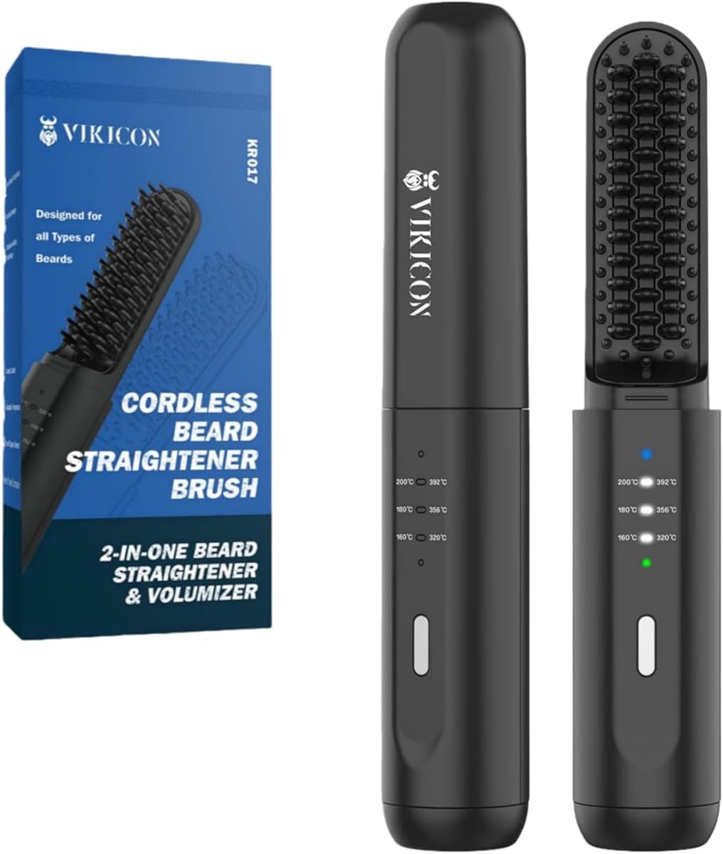 VIKICON Cordless Beard Straightener for Men, Rechargeable Heated Beard Brush, Fast-Heating Beard Comb, 3 Heat Settings, Anti-Scald, Mini Beard & Hair Straightening Brush for Travel & Daily Use, Black