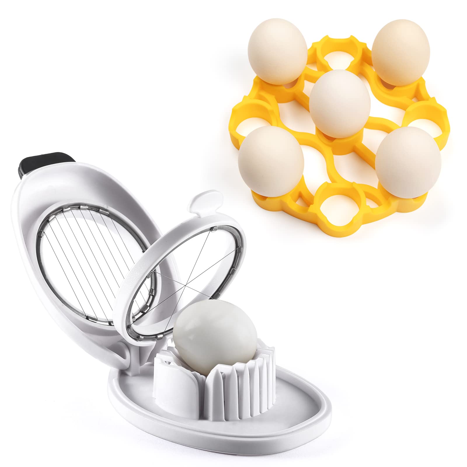 Egg Slicer(White) & Silicone Egg Rack (Holds Up To 9 Eggs), Egg Slicer For Hard Boiled Eggs, Easy To Cut Egg Into Slices, 6.3 Inches Egg Rack Fits Most Sizes Of Pots, Dishwasher Safe, BPA Free