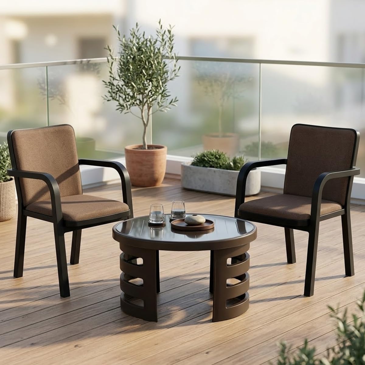 Nilkamal Luxe Chair and Mystique Glass Top Coffee Table Set | 2 Chairs and 1 Table | Plastic Furniture Set for Indoor and Outdoor Use, Balcony, Garden, Patio| Season Rust Brown-image-16